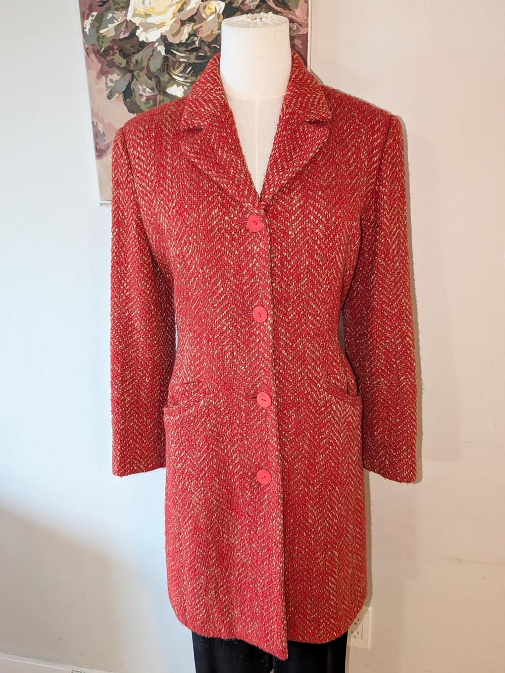 Vintage (80s/90s) Wool Blend Red/Tan Tweed Mid-length Coat